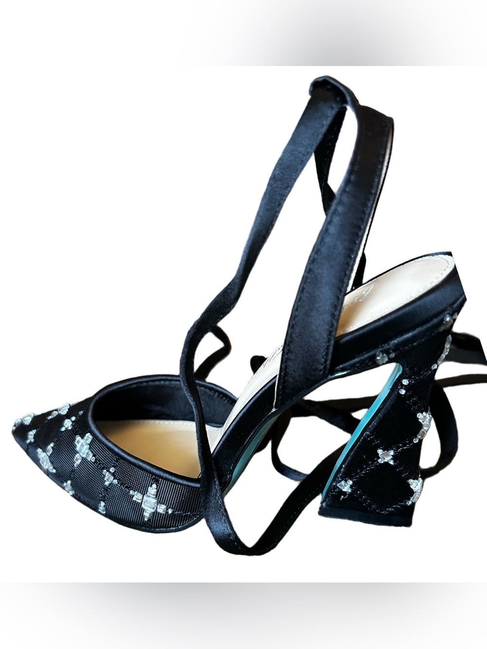 Betsey Johnson Black Embellished Lace-Up Pointed Toe Heel with Teal Accent - Picture 4 of 4